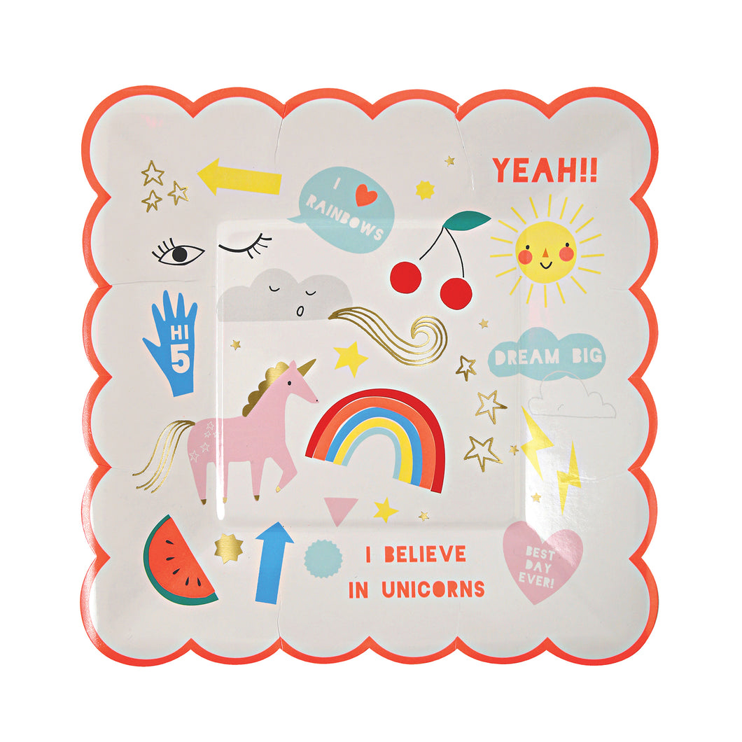 These party plates are decorated with lots of fun illustrations and captions including a magical unicorn and rainbow. The plate is finished with a scollop edge and embellished with shiny gold foil. Pack contains 8 plates. Plate size: 7 x 7 inches.