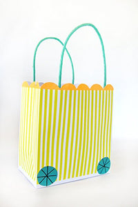 These brightly patterned party bags are finished with little wheels and are part of the Silly Circus party range. They come with twisted paper handles and have a scollop edge top.  Party bag size: 5.5 x 5 x 3 inches