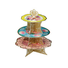 Truly elegant floral cakestand. Perfect for every occasion!  Each pack contains a 3 tier card cakestand, each tier has 2 designs to choose from  Approx. 35cm (13 inches) x 30cm (12 inches) when assembled  Easy to make with instructions included. Holds approx. 12-15 medium size cupcakes.