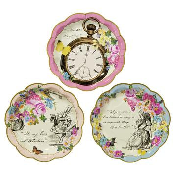Serve up your very own mad hatters tea party with these beautifully illustrated Truly Alice dainty plates. Each pack contains 12 paper plates and come in 3 colourful designs, including a pocket watch design with pink floral trim, March hare with cream floral trim, and a blue floral trim with Alice illustration.   An adorable addition to any afternoon tea, each plate is perfectly suited for any tasty treat. Why not team your paper plates with our Truly Alice whimsical cups and saucers to add the magic touch 