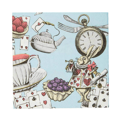 Blue illustrated Alice in Wonderland Cocktail Napkins by Talking Tables. This pack of 20 small paper napkins are perfect for a Mad Hatter Tea Party, birthday, picnic or garden party! Pair with our 'Truly Alice' range of Alice in Wonderland themed tableware and decorations to complete the look.  Size: 25cm x 25cm unfolded / 10