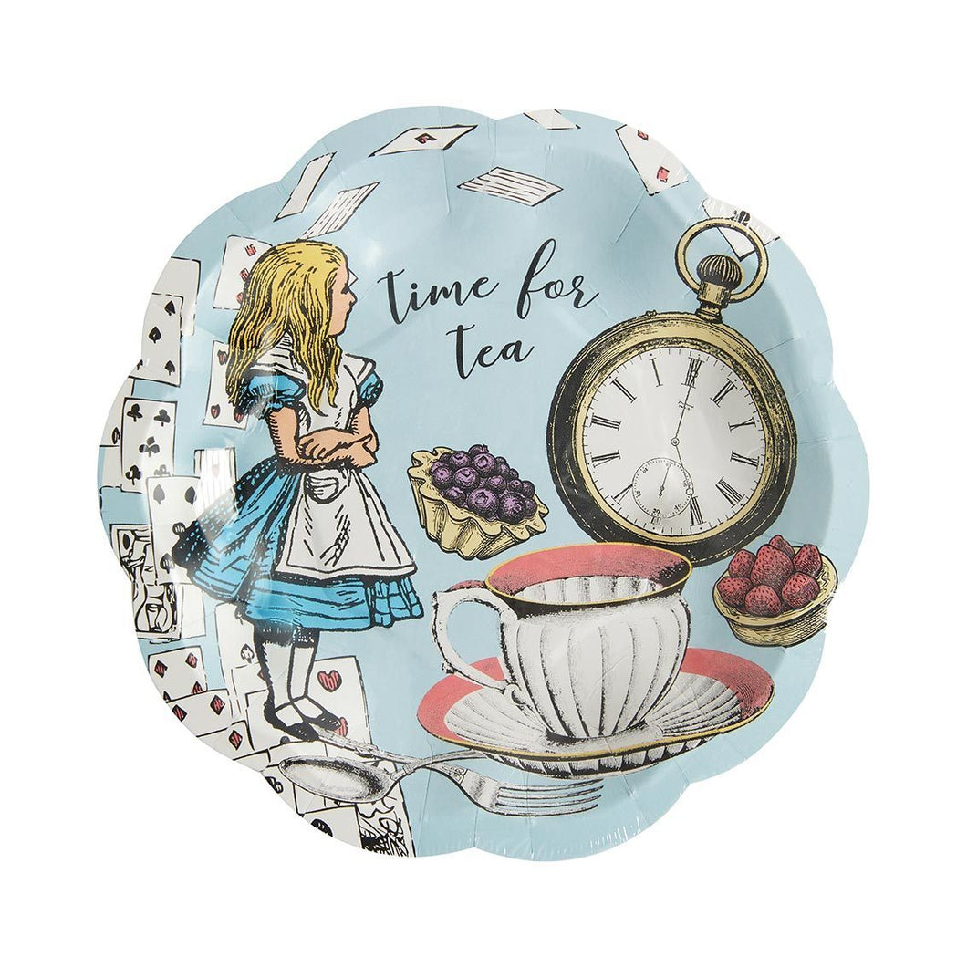 Blue illustrated Alice in Wonderland Paper Plates by Talking Tables. This pack of 12 small paper plates are perfect for a Mad Hatter Tea Party, birthday, picnic or garden party! These pretty paper plates are suitable for kids and adults and eco-friendly plates that can be fully recycled in your home recycling.   Size: approx. 7