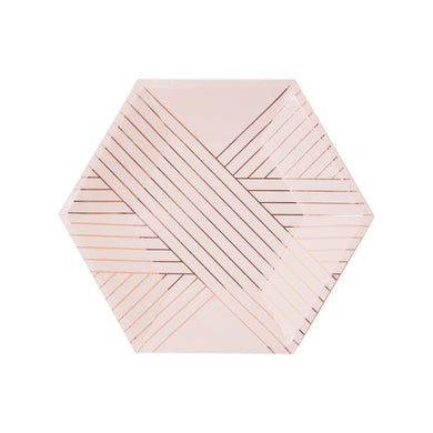 Soft and romantic, our pale pink hexagon paper plates adorned with delicate rose gold lines are perfectly made for showers, birthdays and special affairs.  Colors: Pale pink, rose gold foil Paper plates Approx. 8