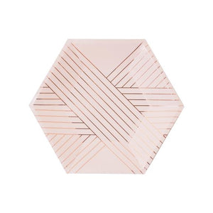 Soft and romantic, our pale pink hexagon paper plates adorned with delicate rose gold lines are perfectly made for showers, birthdays and special affairs.  Colors: Pale pink, rose gold foil Paper plates Approx. 8" corner to corner  8 Plates / pack 