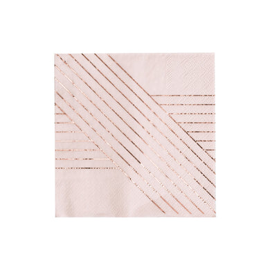 Elegant pale pink cocktail napkins inset with elegant gold stripes add a dash of style to your tabletop, dessert station, or bar cart.  Colors: Pale pink, rose gold foil Cocktail napkins Made of paper Approx. 5