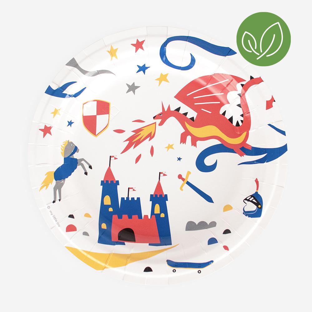 Fortified castle, dragon, shield, sword, it's time to put down your helm and armor for a snack break! For a knight birthday or Game of Thrones party, knight tableware should drive fans of medieval stories crazy.   These plates are lovingly designed in France by My Little Day and responsibly made in Europe.  Made in Europe  European FSC paper Ink and vegetable lacquer  eco-friendly  Dimensions: 22 cm in diameter, 8.5