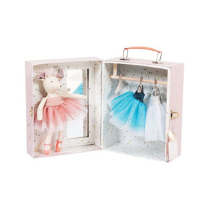 The perfect gift for the little ballerina in your life, this adorable little play set from French toy maker Moulin Roty features a beautiful prima ballerina mouse doll wearing a sweet pink outfit. She comes in a lovely suitcase featuring a safe mirror, a clothes bar, 3 hangers and 2 extra beautiful ballet dresses. Doll measures 9" tall.  Recommended for ages 2 and up.  About Moulin Roty: Designed in France and made with the finest French fabrics & materials, Moulin Roty represents 40 years of dreams and pla