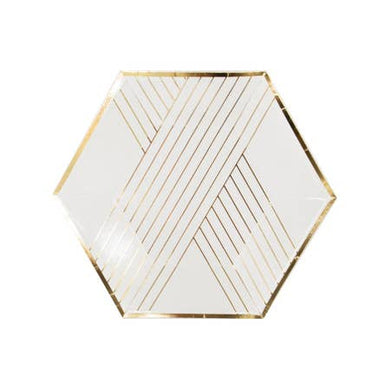 Inset with gold stripes on elegant hexagon, our white striped party plates are perfect for showers, weddings, birthdays, and holidays. Perfect for serving light bites and desserts. Paper Plates.  Colors: White, gold foil. 8 Plates / Pack .