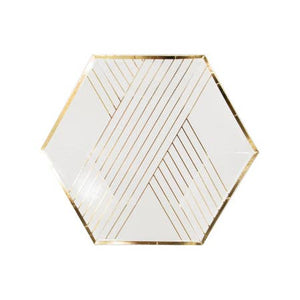 Inset with gold stripes on elegant hexagon, our white striped party plates are perfect for showers, weddings, birthdays, and holidays. Perfect for serving light bites and desserts. Paper Plates.  Colors: White, gold foil. 8 Plates / Pack .