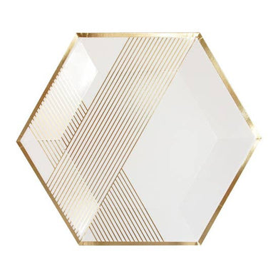 Inset with gold stripes on elegant hexagon, our premium white striped party plates are perfect for showers, weddings, birthdays, and holidays.  Colors: White, gold foil Paper plates Approx. 11