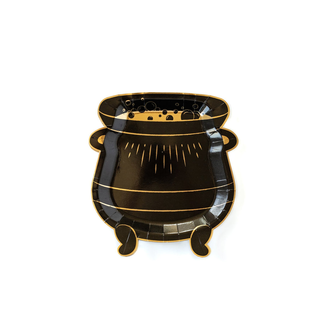 Make sure that the fire burns and the caldron is bubbling by serving serve up Halloween goodies on these cauldron foiled plates. From eye of newt, tooth of dragon, spooky sweet cupcakes, or ghoulish guac these plates can handle it all! But witches beware these caldrons are meant to boil and bake.  • Includes 8 cauldron shaped gold foiled paper plates • approximately 8