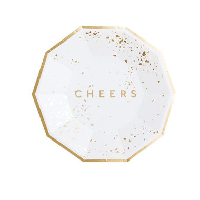 Beautifully understated with 'Cheers' in gold foil, our elegant small party plates elevate the everyday celebration. Pair with our gorgeous selection of cocktail napkins for all of your cocktail shindigs and holiday soirées.  Colors: White, gold foil Paper plates Approx. 7.5