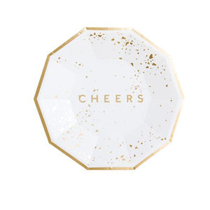 Beautifully understated with 'Cheers' in gold foil, our elegant small party plates elevate the everyday celebration. Pair with our gorgeous selection of cocktail napkins for all of your cocktail shindigs and holiday soirées.  Colors: White, gold foil Paper plates Approx. 7.5" corner to corner  8 Plates / pack 