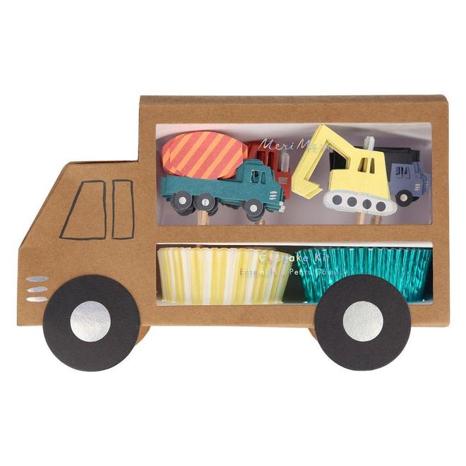 This fabulous cupcake kit is perfect to create tasty treats for a child who is crazy about construction vehicles. It features 24 toppers in 4 designs. It also includes 24 cases, in 2 designs.  The kit includes 24 toppers with 4 designs of construction vehicles, with lots of shiny silver holographic foil It includes 24 cases, with stripes and shimmer All presented in a construction vehicle shaped box, with shiny silver holographic foil detail - ideal as a gift! Packaging made using eco-friendly paper Pack of