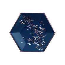 Beautiful layers of painterly strokes with rose gold foil details, elevate your party with our abstract hexagon party plates. Serve up starters or dessert in the perfect handheld size plate for bridal showers, special birthdays, or gender reveal parties!  Colors: Navy, rose gold foil  Paper Approx. 8" corner to corner 8 plates / pack *Good size for appetizers and desserts.