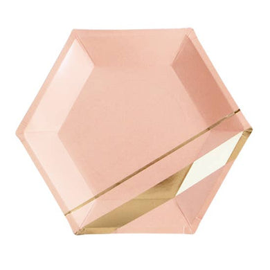 Inset with gold stripes on elegant hexagon, make your guests blush while you shine.   Colors: Peach blush, gold foil  Paper plates Approx. 10.5