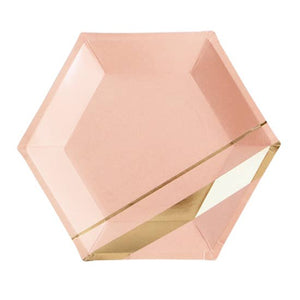 Inset with gold stripes on elegant hexagon, make your guests blush while you shine.   Colors: Peach blush, gold foil  Paper plates Approx. 10.5" corner to corner  8 Plates / pack