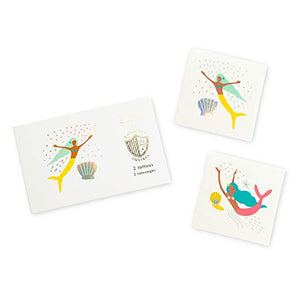Shell yeah! featuring fun colors and holographic silver foil, these tattoos are made for a mermaid party!  illustrated by carolyn suzuki for daydream society package contains 2 tattoos (1 each of 2 designs) each tattoo measures 2.5 inches square safe + non-toxic packaged in a cardstock envelope