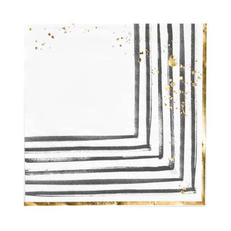 Modern brushstrokes adorned with gold splashes, our black and white lunch napkins set a contemporary mood for showers, weddings, birthdays and elegant gatherings.  Colors: Black, white, gold foil Lunch napkins Made of paper Approx. 6.5