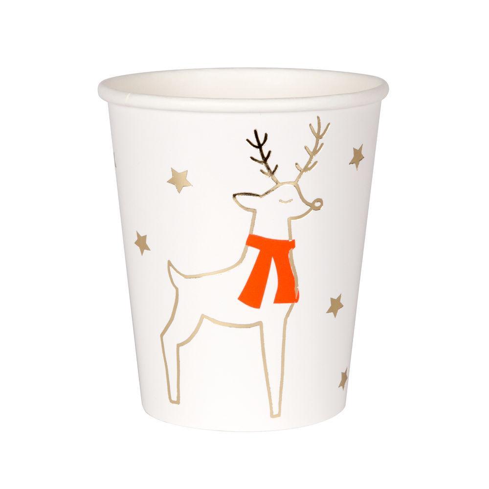 These beautifully illustrated Reindeer and Stars cups will certainly add festive spirit to your table this Christmas.  Pack of 8 Suitable for hot & cold drinks Neon print & gold foil detail Size: 8 ounces