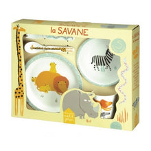 This 5 piece tableware gift set includes everything a child needs to have a fun and safe meal: a plate, a bowl, a 2 piece cutlery set and a drinking cup.  Wash before use Dishes are dishwasher proof. Not suitable for the microwave or the freezer Always use this product under the supervision of an adult 6m+