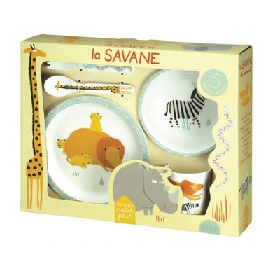 This 5 piece tableware gift set includes everything a child needs to have a fun and safe meal: a plate, a bowl, a 2 piece cutlery set and a drinking cup.  Wash before use Dishes are dishwasher proof. Not suitable for the microwave or the freezer Always use this product under the supervision of an adult 6m+