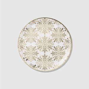 Bursting with a kaleidoscope of snowflakes, these large plates feel sophisticated without being fussy. While they feature a print of delicate snowflakes, the plates are sturdy enough that they won't wilt under the heaviest of main courses. 10 large plates 9" not microwave safe