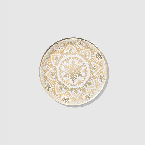 Bursting with a kaleidoscope of snowflakes, these large plates feel sophisticated without being fussy. While they feature a print of delicate snowflakes, the plates are sturdy enough that they won't wilt under the heaviest of main courses. 10 small paper plates 7