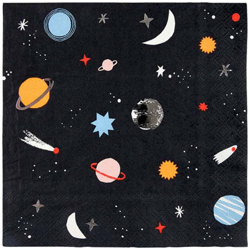 A pack of small space themed napkins for a party of little astronauts with a pattern of planets and stars, embellished with silver foil. Pack of 16. Neon print & gold foil detail.