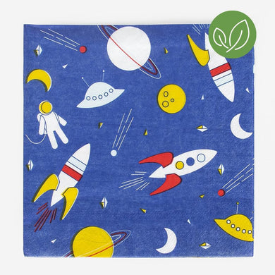 20 napkins for the cosmonauts imagined by My Little Day.  With shuttles, astronauts, moons and planets, these napkins are obviously (par)made to decorate the table of a birthday party whose theme is astronaut, cosmonaut or Thomas Pesquet. It also works for Interstellar, Gravity or Armageddon.  Basically, when it comes to space, saving the world, surpassing yourself physically and wearing a NASA outfit, it works!  20 napkins - cosmonaut The napkins measure 6.25 inches x 6.25 inches (16.5 x 16.5 cm) folded. 