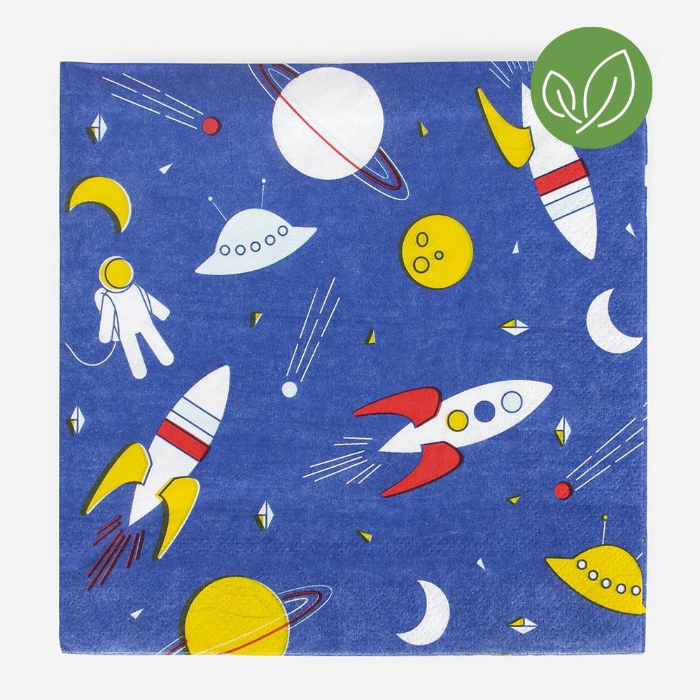 20 napkins for the cosmonauts imagined by My Little Day.  With shuttles, astronauts, moons and planets, these napkins are obviously (par)made to decorate the table of a birthday party whose theme is astronaut, cosmonaut or Thomas Pesquet. It also works for Interstellar, Gravity or Armageddon.  Basically, when it comes to space, saving the world, surpassing yourself physically and wearing a NASA outfit, it works!  20 napkins - cosmonaut The napkins measure 6.25 inches x 6.25 inches (16.5 x 16.5 cm) folded. 