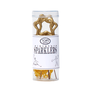 A marvelous golden miniature star shaped sparkler! Perfect for starry nights, special achievements, and dinner parties, sparkle candles are our bestsellers. Add to a cake or special dessert to celebrate birthdays, anniversaries, or for any occasion.   Mini Star Sparklers are 4" tall. 4 pcs per tube. Clean burning. (Adult supervision required.)