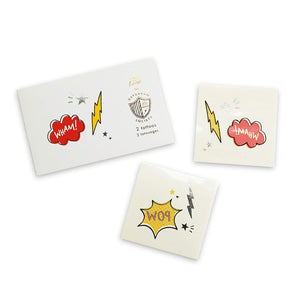 zap! bang! pow! wham! featuring bold colors and silver foil, these tattoos have superpowers!  illustrated by alyx house for daydream society package contains 2 tattoos (1 each of 2 designs) each tattoo measures 2.5 inches square safe + non-toxic packaged in a cardstock envelope