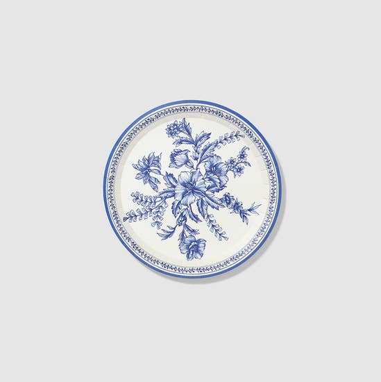 Classic and elegant, our floral toile small plates bring a touch of the French countryside to any occasion. Featuring a deep blue toile pattern, the plates are the ideal size for small bites and desserts. Includes 10 plates.  7.25