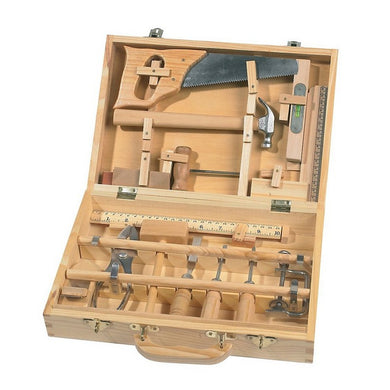 Large Tool Box Set Comes equipped with all the tools needed to work alongside a parent or that favorite grandparent that is always fixing something. Made of wood and metal, all tools are made to use on real projects but adapted to small hands. Set includes a hammer, Philips and regular screwdrivers, pliers, T-square, ruler (with metric measurements), c-clamp, sanding block, saw, chisel, and planer. To be used under adult supervision. Ages 6+. Toolbox measures 9